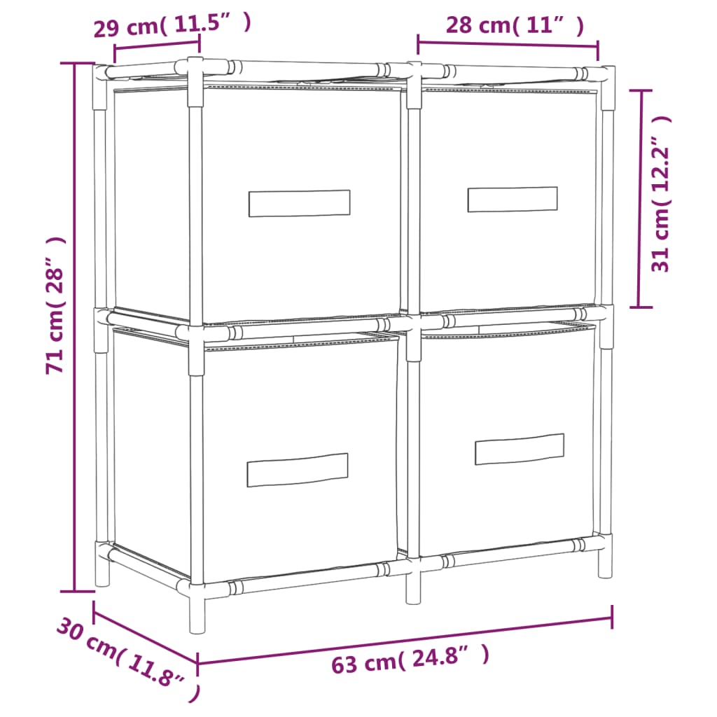 vidaXL Ντουλάπι με 4 Υφασμάτινα Καλάθια Γκρι 63x30x71 εκ. από Ατσάλι