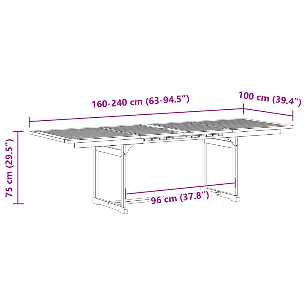 vidaXL Τραπεζαρία Κήπου (160-240) x 100 x 75 εκ από Μασίφ Ξύλο Ακακίας