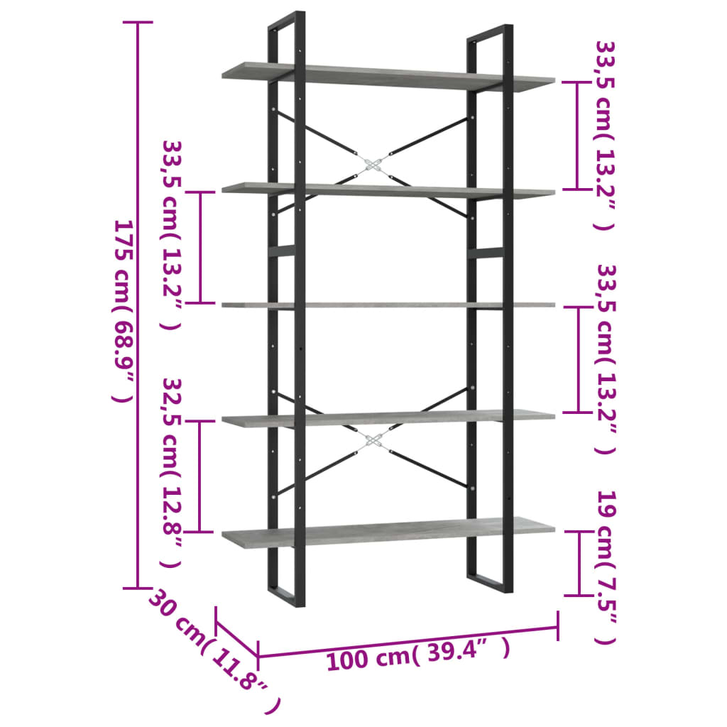 vidaXL Βιβλιοθήκη με 5 Ράφια Γκρι Σκυρ. 100 x 30 x 175 εκ. Επεξ. Ξύλο