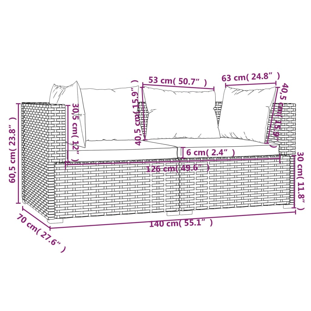 vidaXL Διθέσιος Καναπές Καφέ από Συνθετικό Ρατάν με Μαξιλάρια