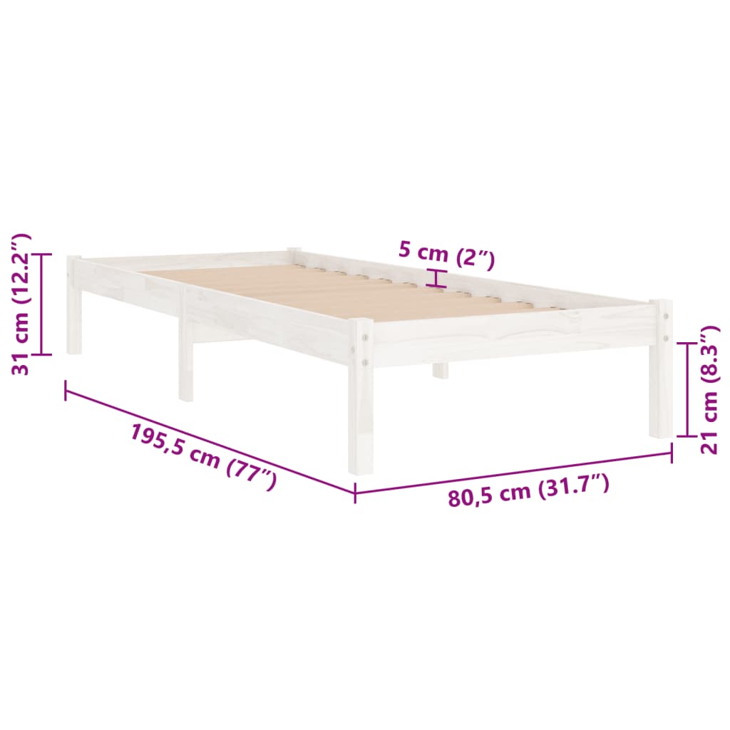 vidaXL Πλαίσιο Κρεβατιού Λευκό 75x190 εκ. Μασίφ Ξύλο Small Single