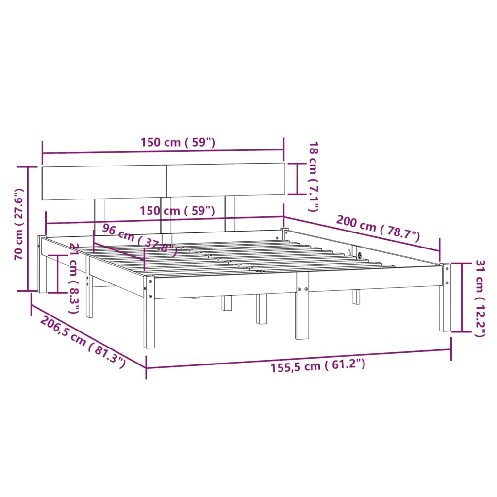 vidaXL Πλαίσιο Κρεβατιού Μαύρο 150 x 200εκ Μασίφ Ξύλο Πεύκου King Size