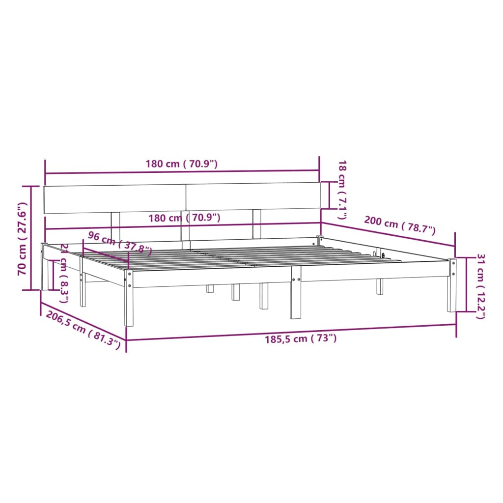 vidaXL Πλαίσιο Κρεβατιού 180x200 εκ. Μασίφ Ξύλο Πεύκου Super King Size
