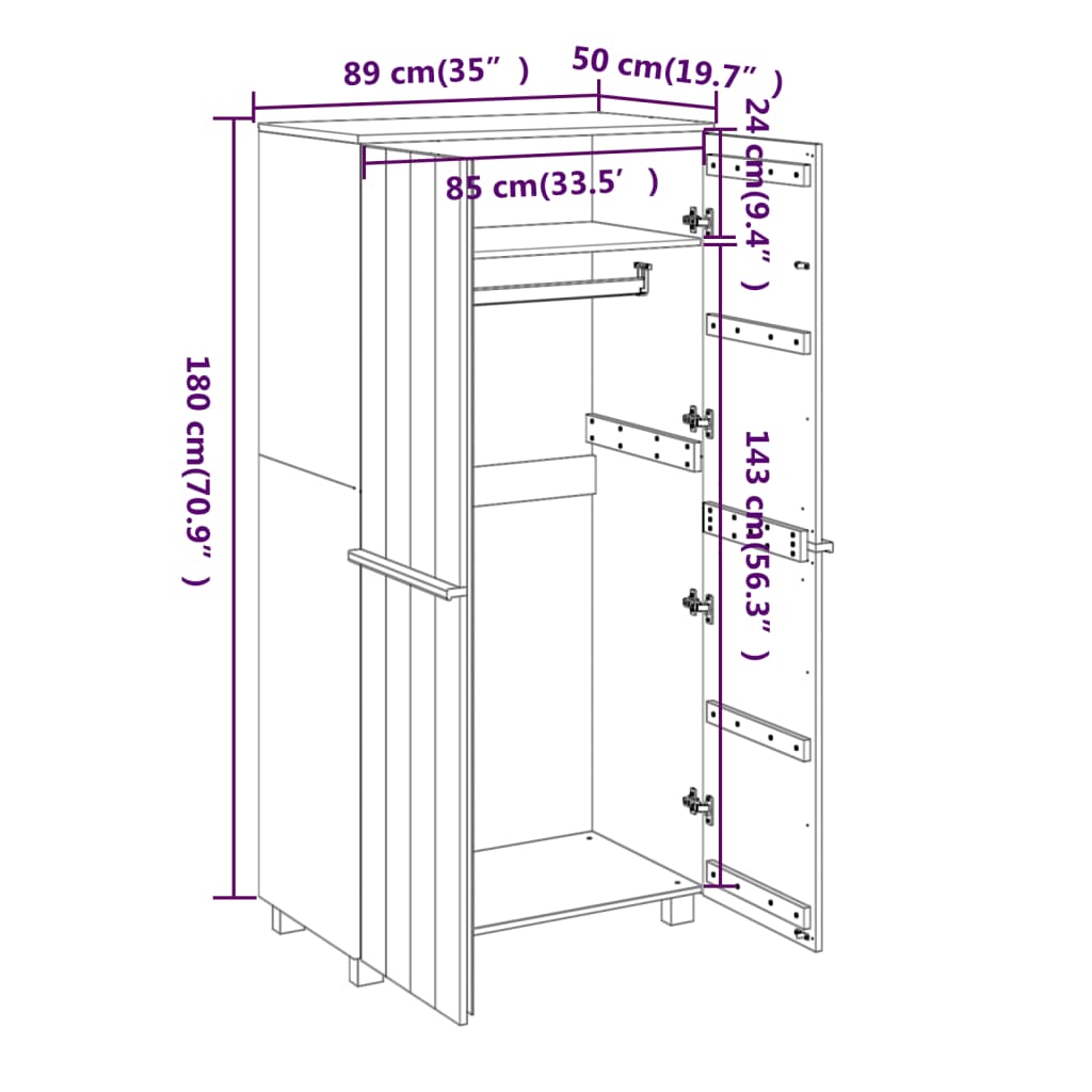 vidaXL Ντουλάπα HAMAR Αν. Γκρι 89 x 50 x 180 εκ. από Μασίφ Ξύλο Πεύκου