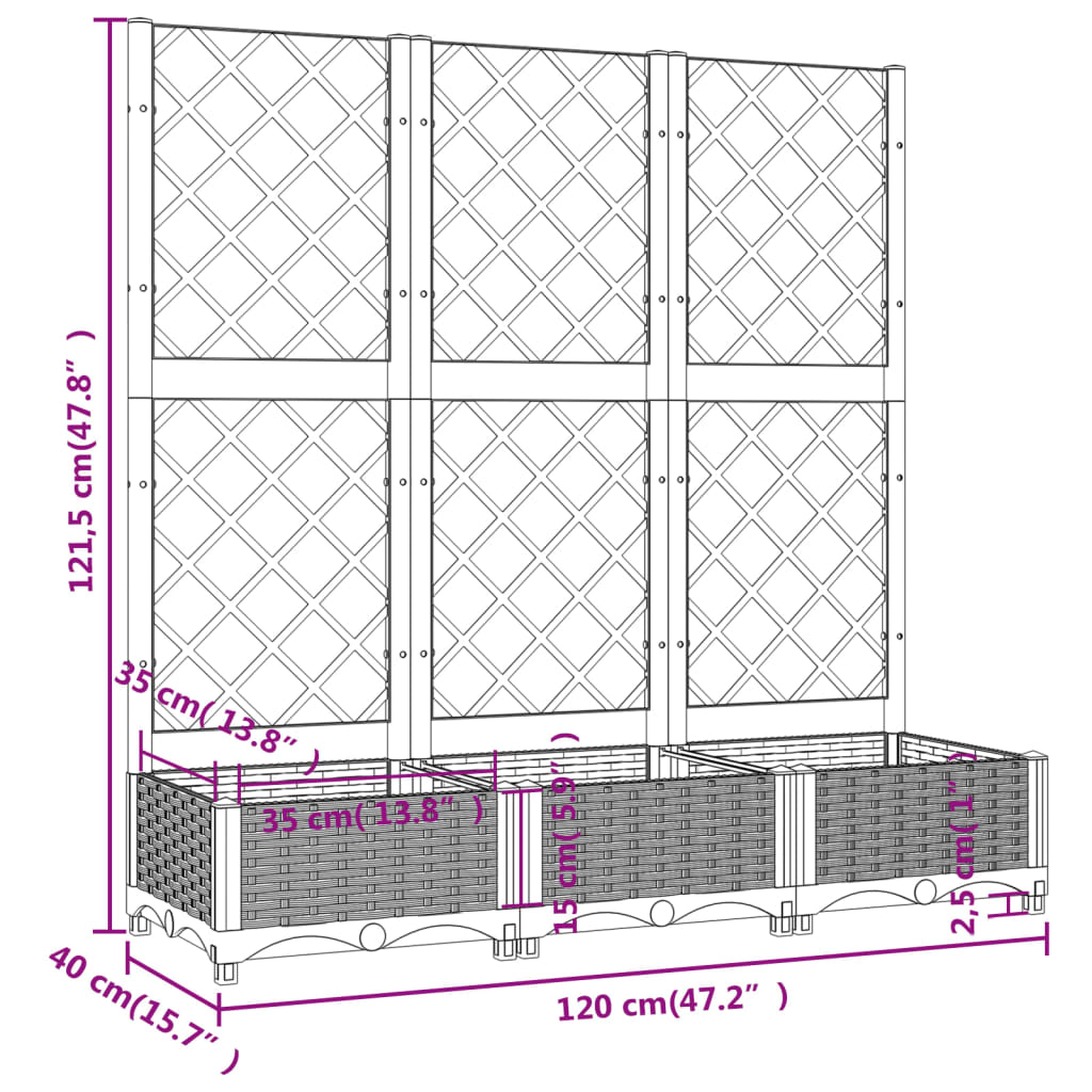 vidaXL Ζαρντινιέρα Κήπου με Καφασωτό Καφέ 120 x 40 x 121,5 εκ. από PP