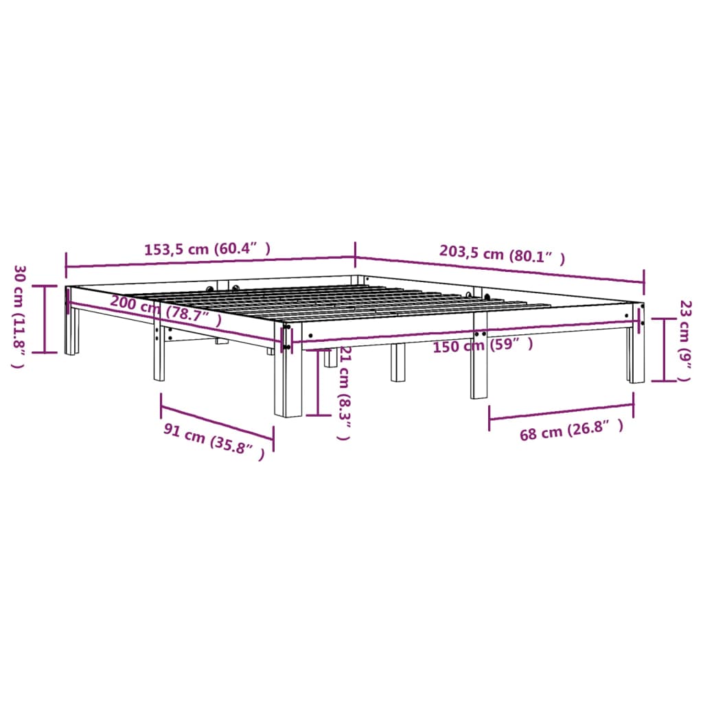 vidaXL Πλαίσιο Κρεβατιού 150 x 200 εκ. Μασίφ Ξύλο King Size