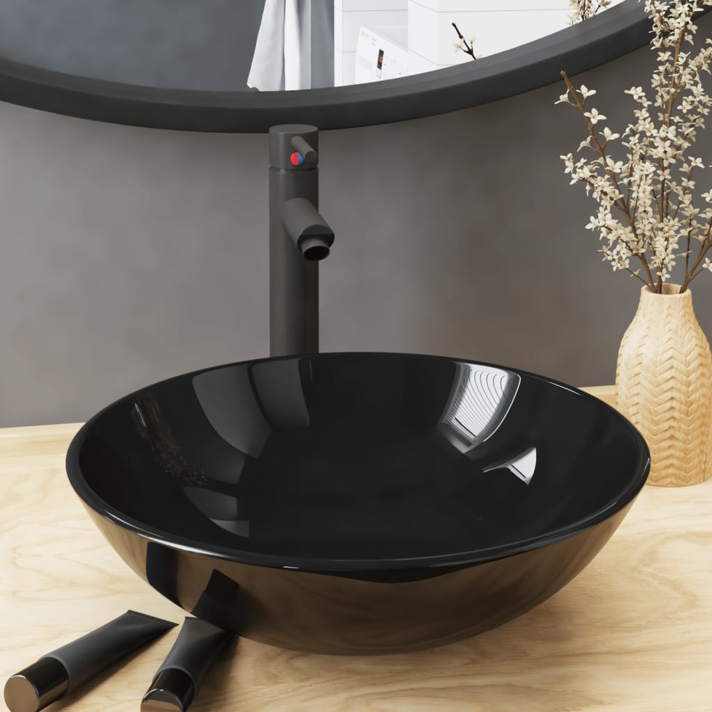 vidaXL Νιπτήρας Μπάνιου με Βρύση& Βαλβίδα Πατητή από Ψημ. Γυαλί Μαύρος