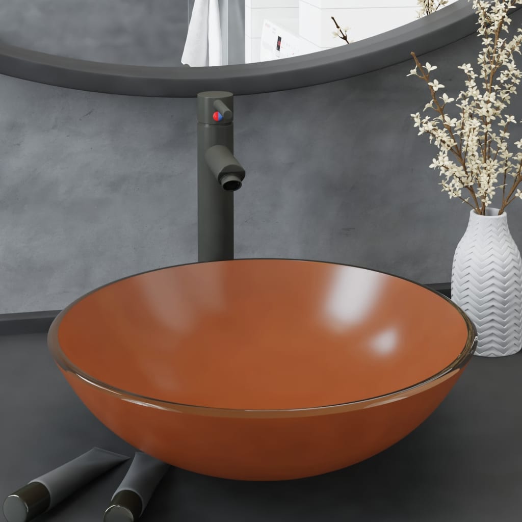 vidaXL Νιπτήρας Μπάνιου με Βρύση& Βαλβίδα Πατητή από Ψημ. Γυαλί Καφέ