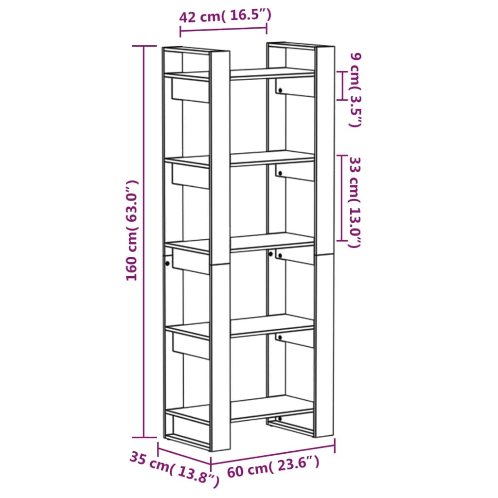 vidaXL Βιβλιοθήκη/Διαχωριστικό Χώρου Μαύρο 60x35x160 εκ. Μασίφ Ξύλο