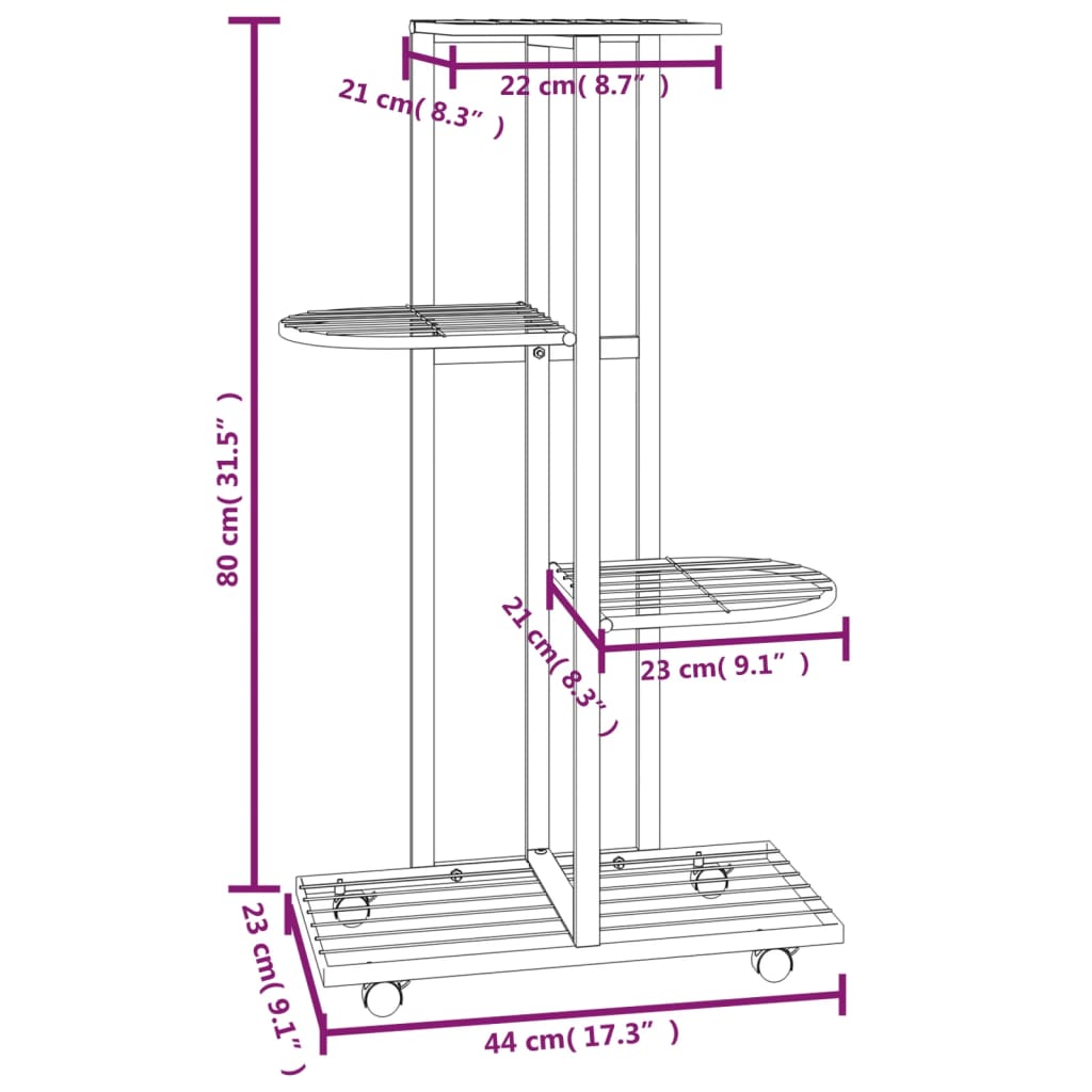 vidaXL Βάση Λουλουδιών 4 Επιπέδων με Ρόδες 44x23x80 εκ. Μαύρη Σίδερο