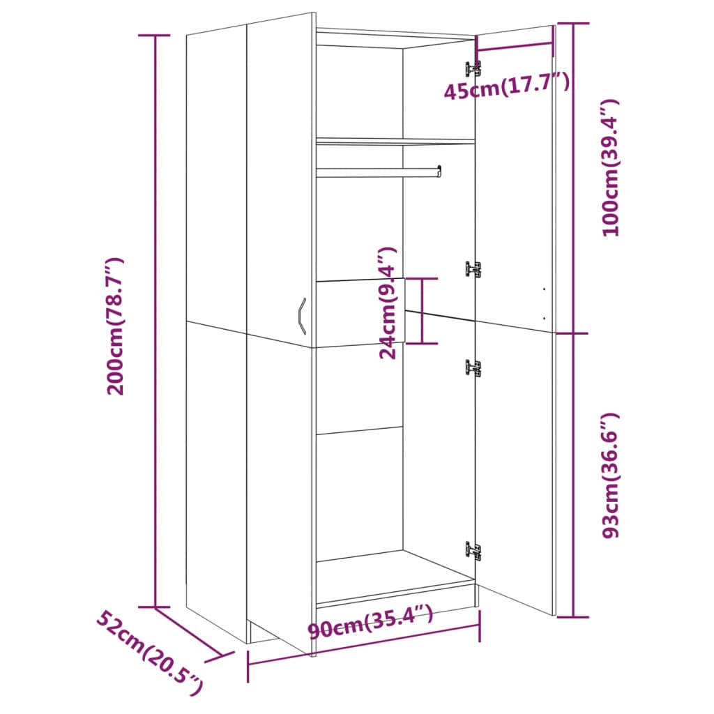vidaXL Ντουλάπα Γκρι Sonoma 90 x 52 x 200 εκ. από Επεξεργασμένο Ξύλο