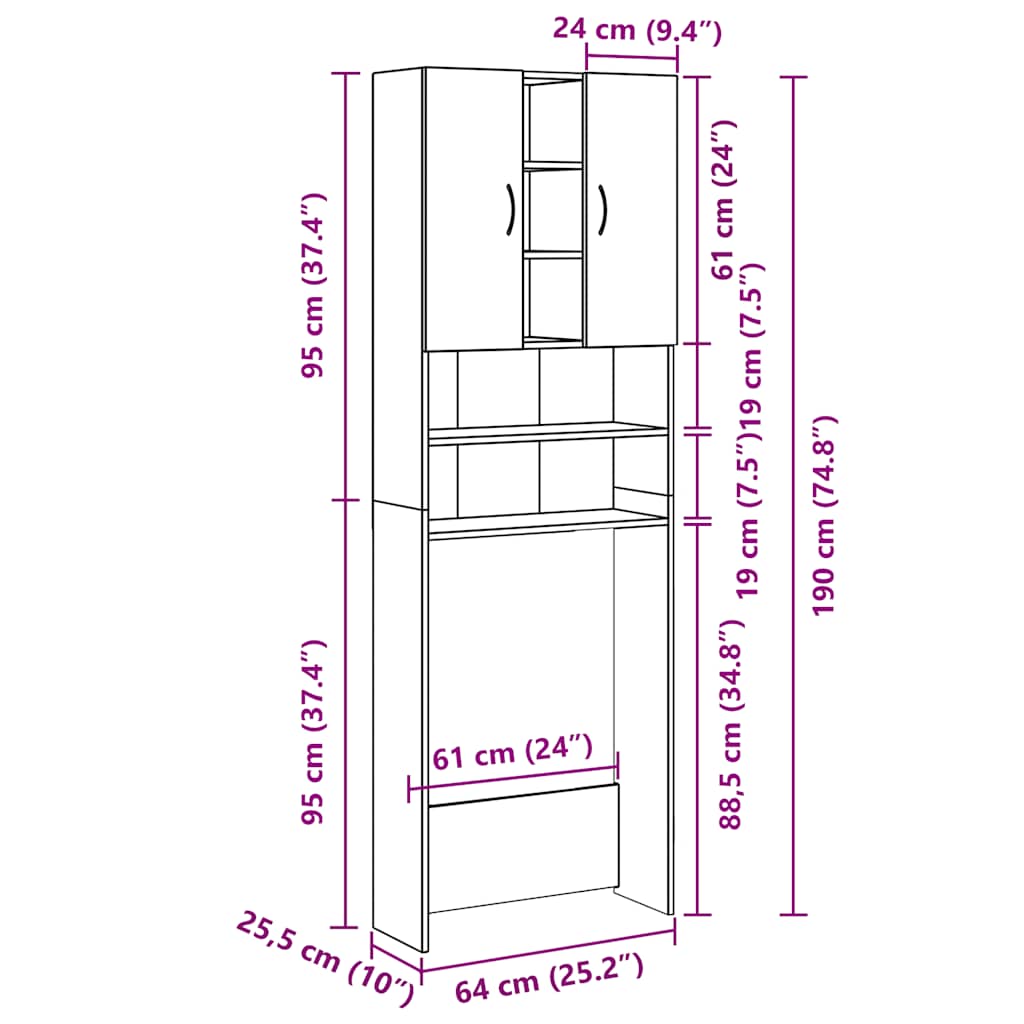vidaXL Ντουλάπι Πλυντηρίου Γκρι Sonoma 64 x 25,5 x 190 εκ.