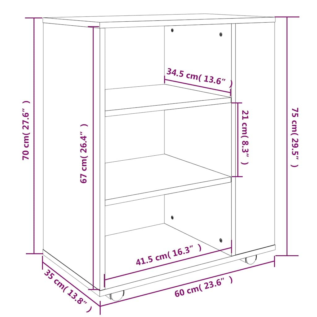 vidaXL Ντουλάπι Με Ροδάκια Καπνιστή Δρυς 60 x 35 x 75 εκ. Επεξ. Ξύλο