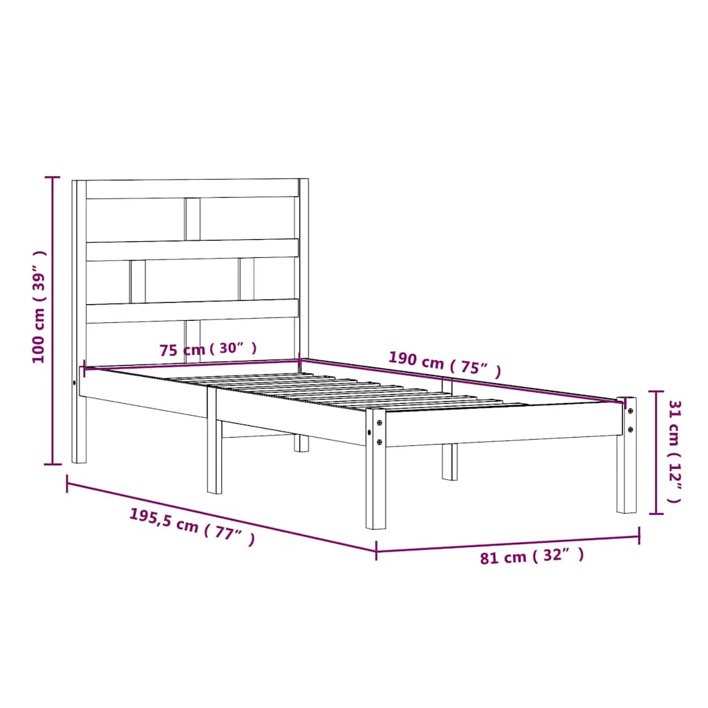 vidaXL Πλαίσιο Κρεβατιού 75 x 190 εκ. από Μασίφ Ξύλο Small Single