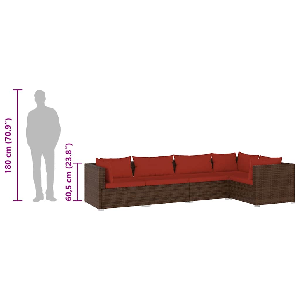 vidaXL Σαλόνι Κήπου 5 Τεμαχίων Καφέ από Συνθετικό Ρατάν με Μαξιλάρια