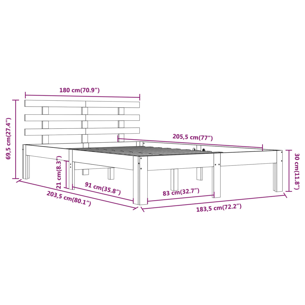 vidaXL Πλαίσιο Κρεβατιού 180 x 200 εκ. Μασίφ Ξύλο Super King Size