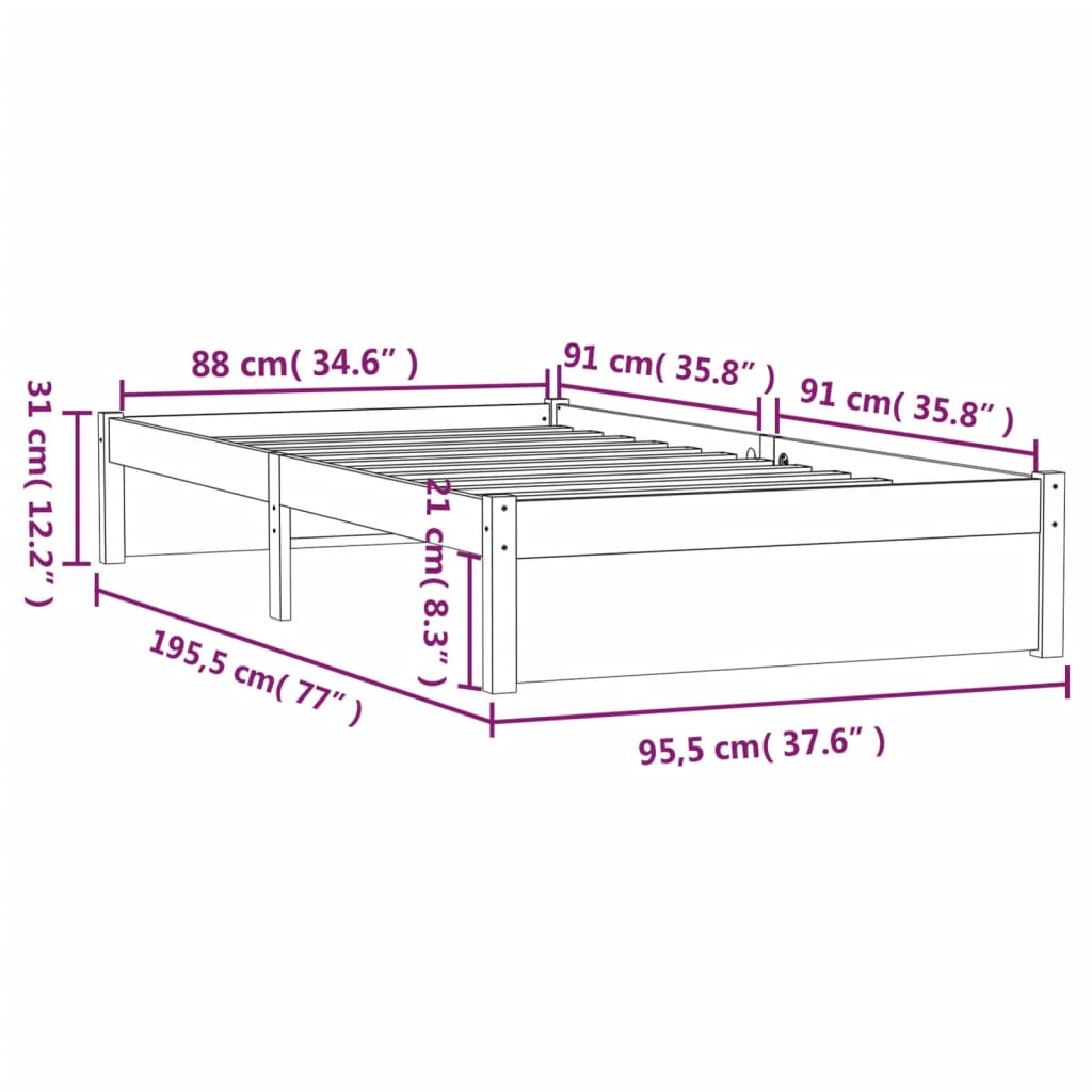 vidaXL Πλαίσιο Κρεβατιού Μαύρο 90 x 190 εκ. από Μασίφ Ξύλο Single