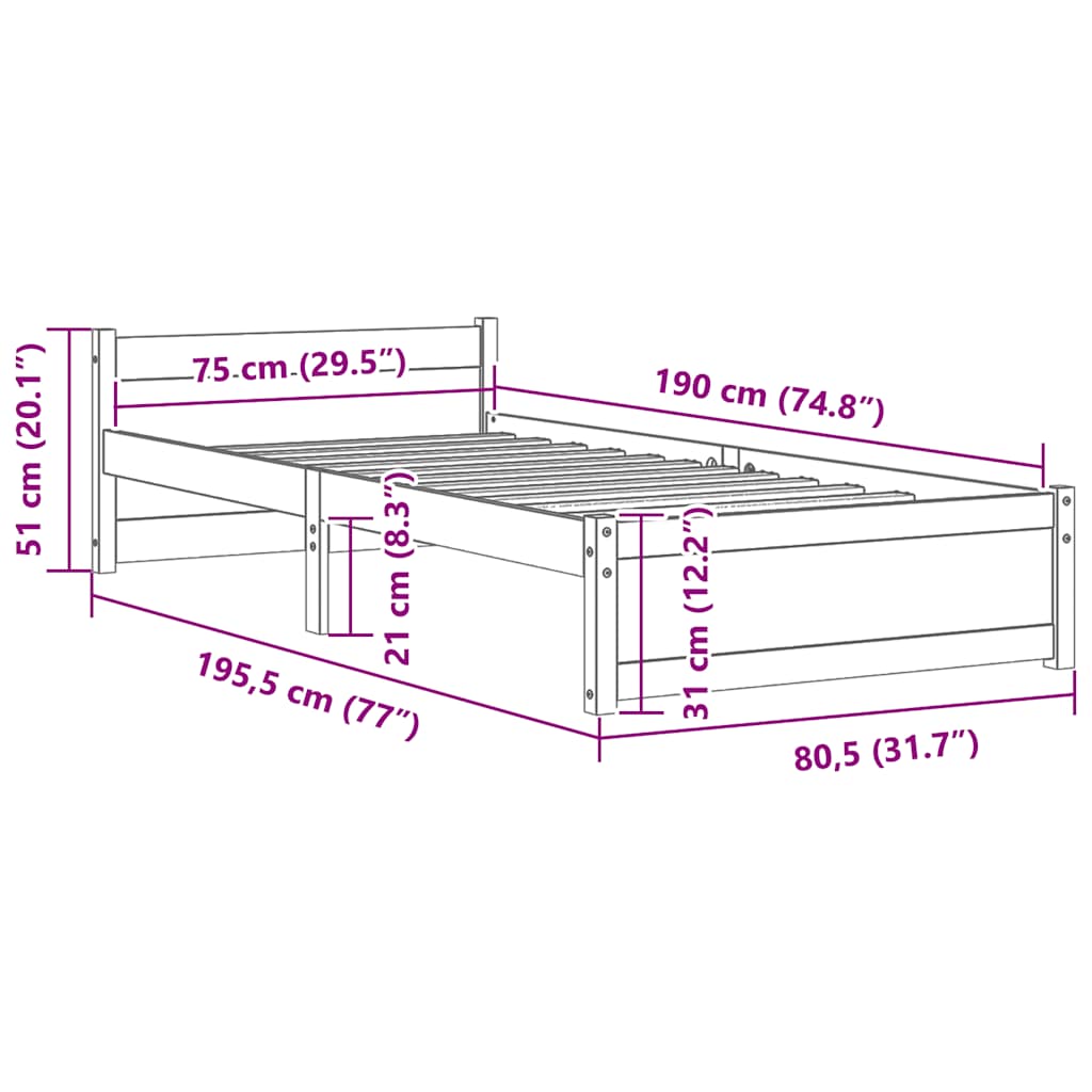 vidaXL Πλαίσιο Κρεβατιού 75 x 190 εκ. από Μασίφ Ξύλο Small Single