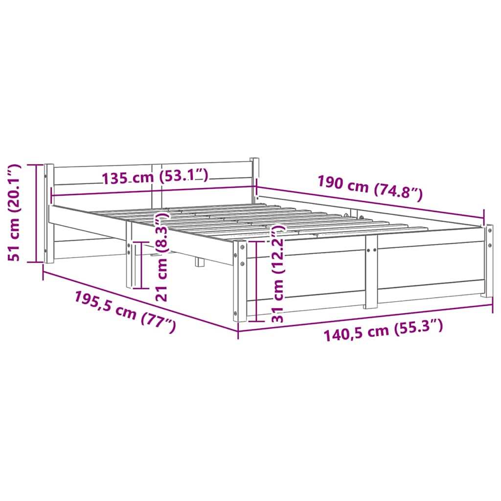 vidaXL Πλαίσιο Κρεβατιού Γκρι 135 x 190 εκ από Ξύλο Πεύκου Double