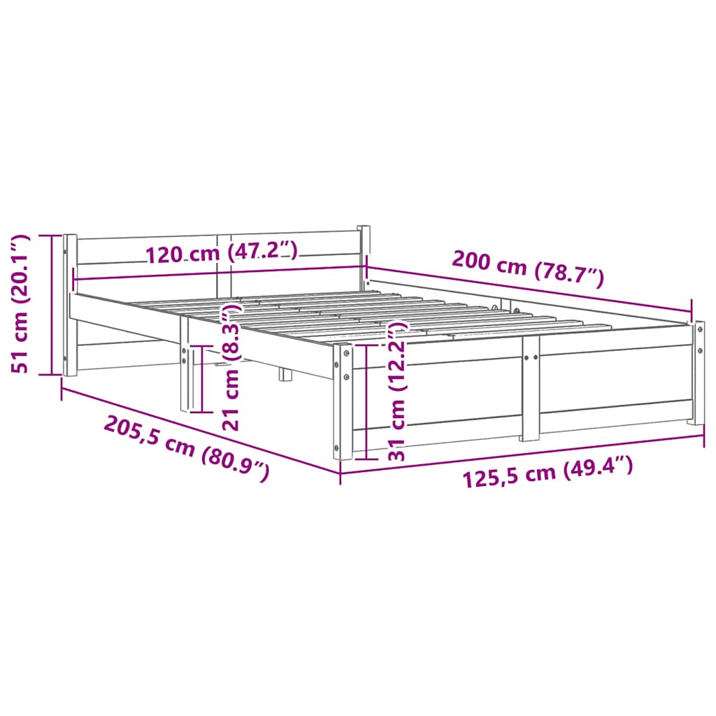 vidaXL Σκελετός Κρεβατιού Χωρίς Στρώμα 120x200 εκ Μασίφ Ξύλο