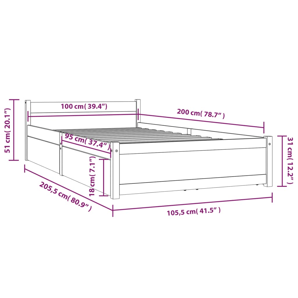 vidaXL Πλαίσιο Κρεβατιού με Συρτάρια Λευκό 100 x 200 εκ.