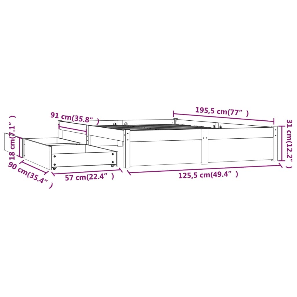 vidaXL Πλαίσιο Κρεβατιού με Συρτάρια 120x190 εκ. Small Double