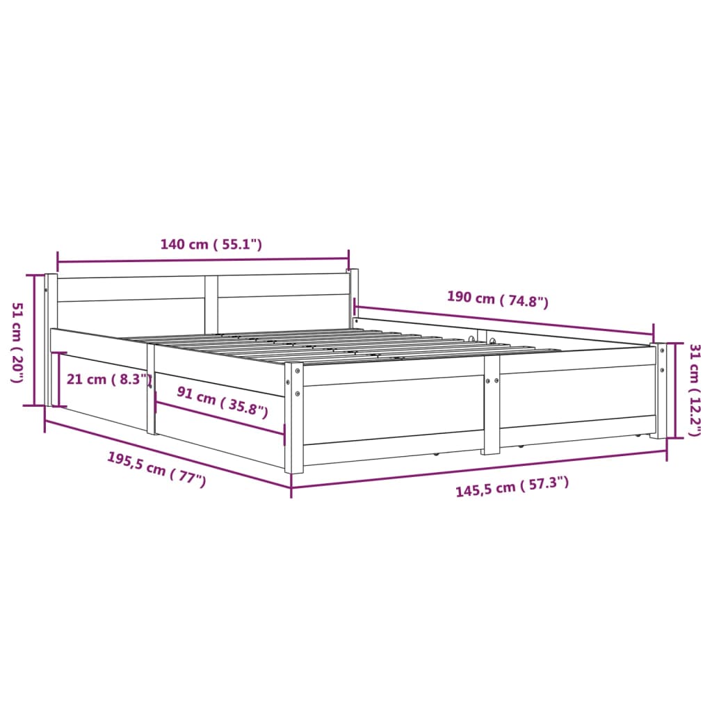 vidaXL Πλαίσιο Κρεβατιού Με Συρτάρια 140 x 190 εκ.