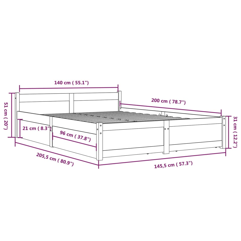 vidaXL Πλαίσιο Κρεβατιού με Συρτάρια Λευκό 140 x 200 εκ.