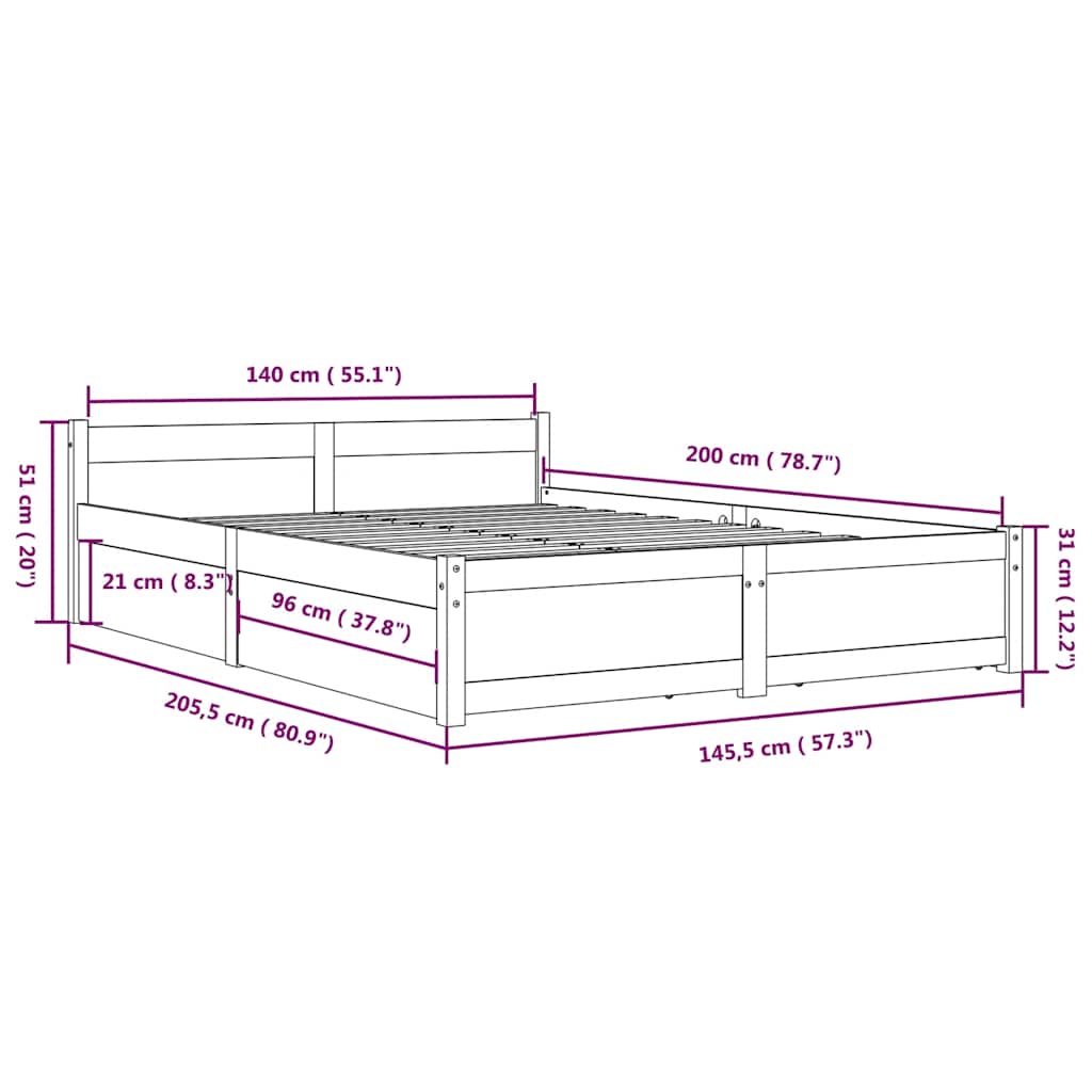 vidaXL Πλαίσιο Κρεβατιού με Συρτάρια Λευκό 140 x 200 εκ.
