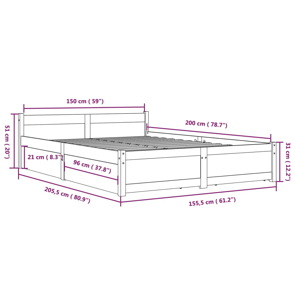 vidaXL Πλαίσιο Κρεβατιού 150 x 200 εκ. Μασίφ Ξύλο King Size
