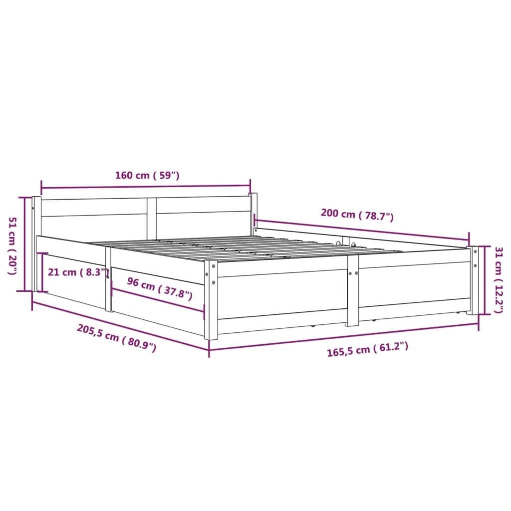 vidaXL Πλαίσιο Κρεβατιού με Συρτάρια Λευκό 160 x 200 εκ.