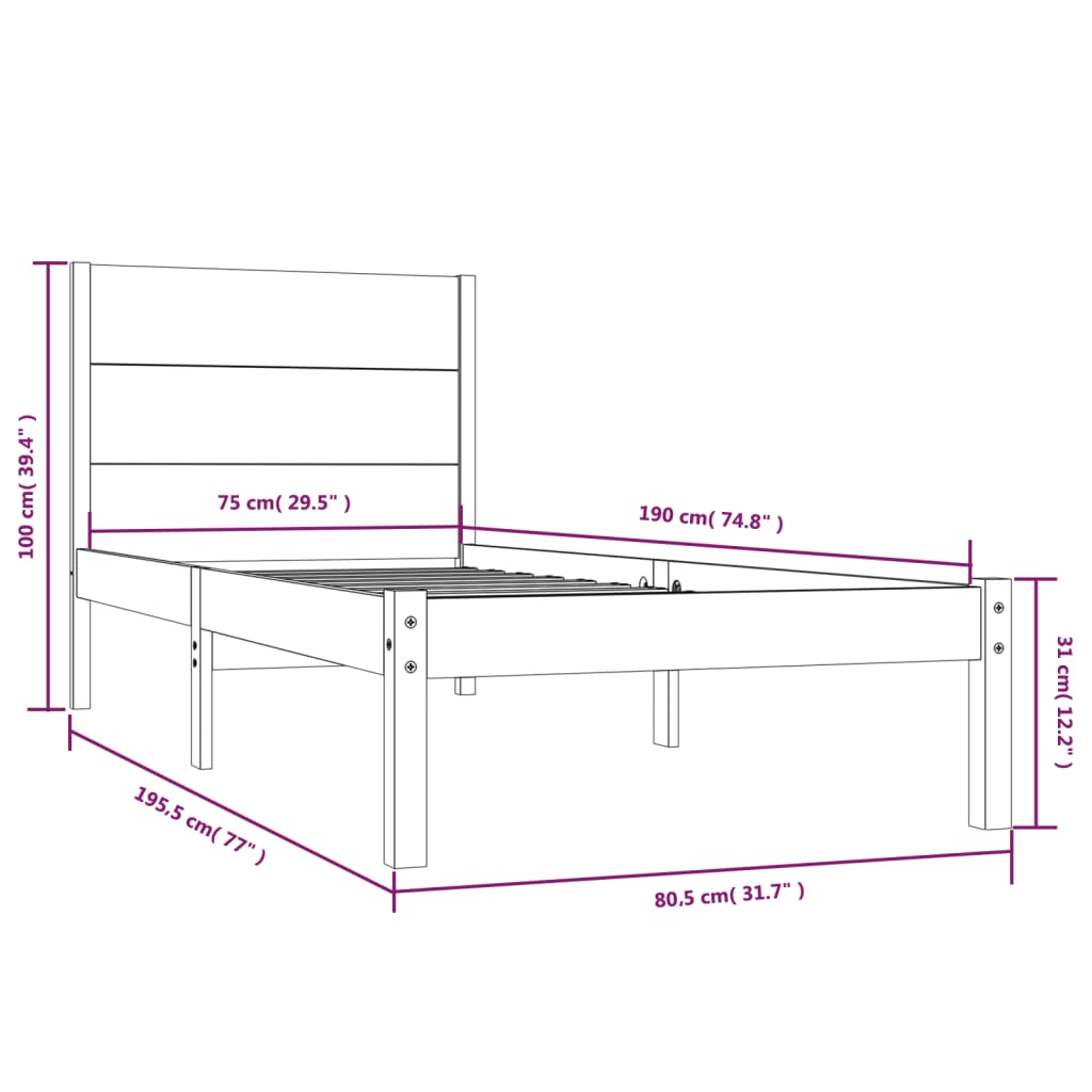 vidaXL Πλαίσιο Κρεβατιού 75 x 190 εκ. από Μασίφ Ξύλο Small Single