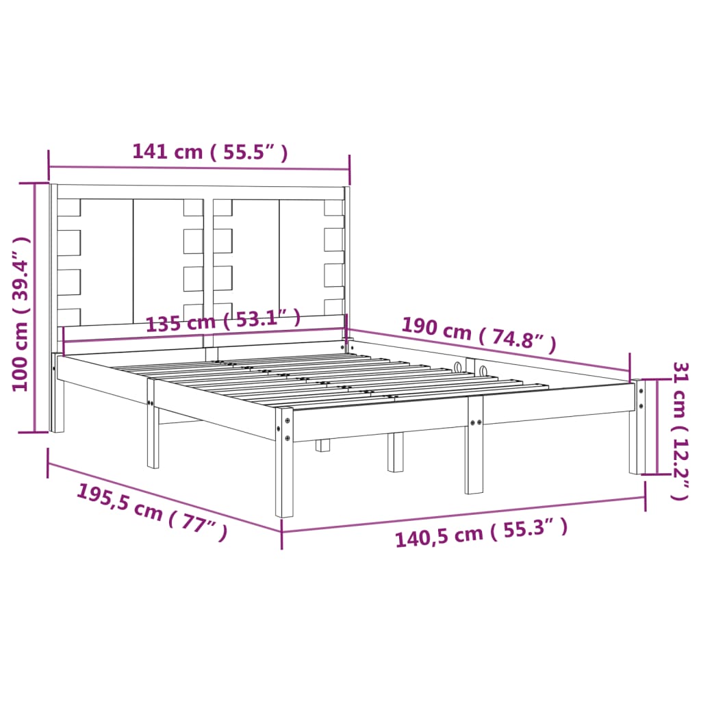 vidaXL Πλαίσιο Κρεβατιού 135 x 190 εκ. από Μασίφ Ξύλο Double