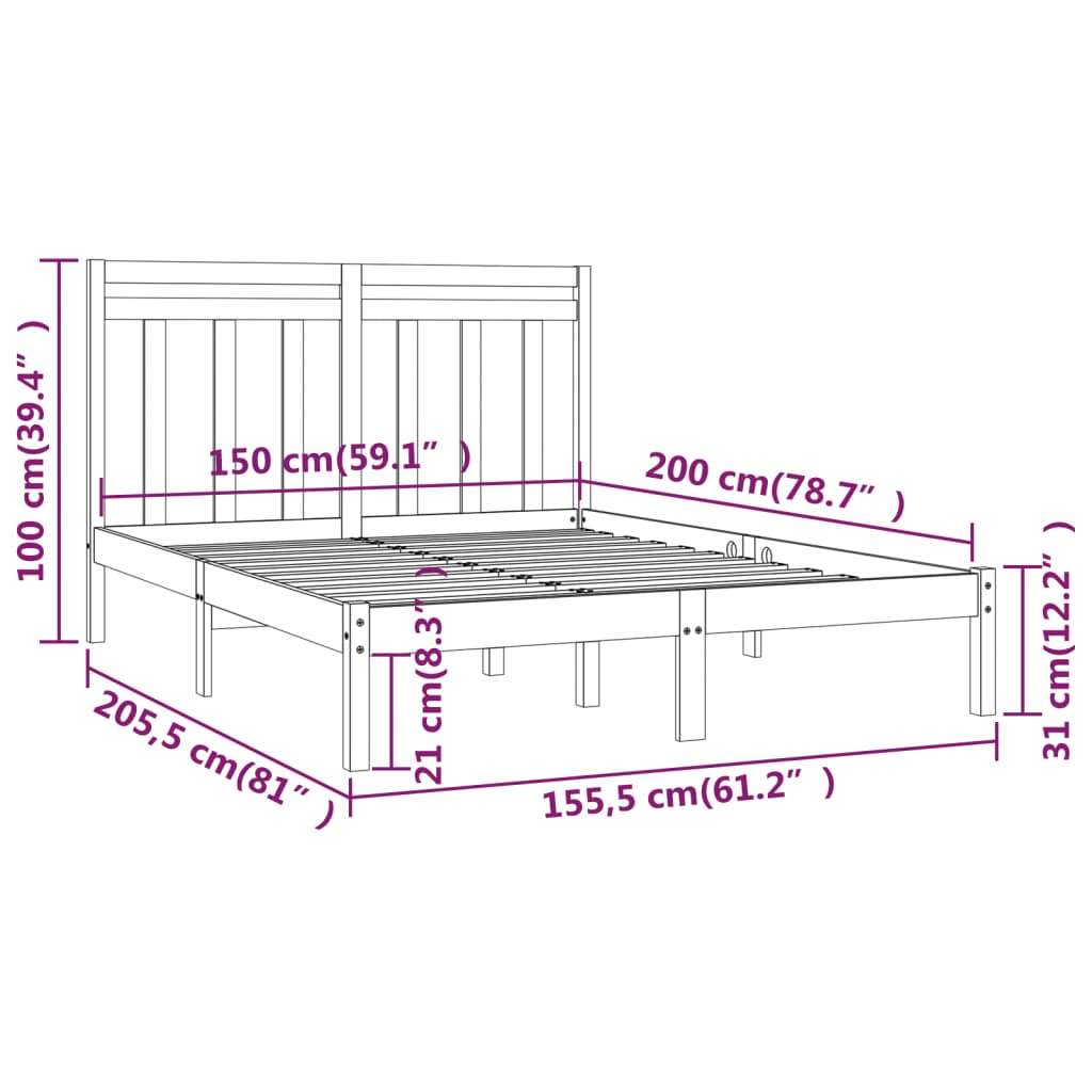 vidaXL Πλαίσιο Κρεβατιού Μαύρο 150 x 200 εκ. Μασίφ Ξύλο King Size