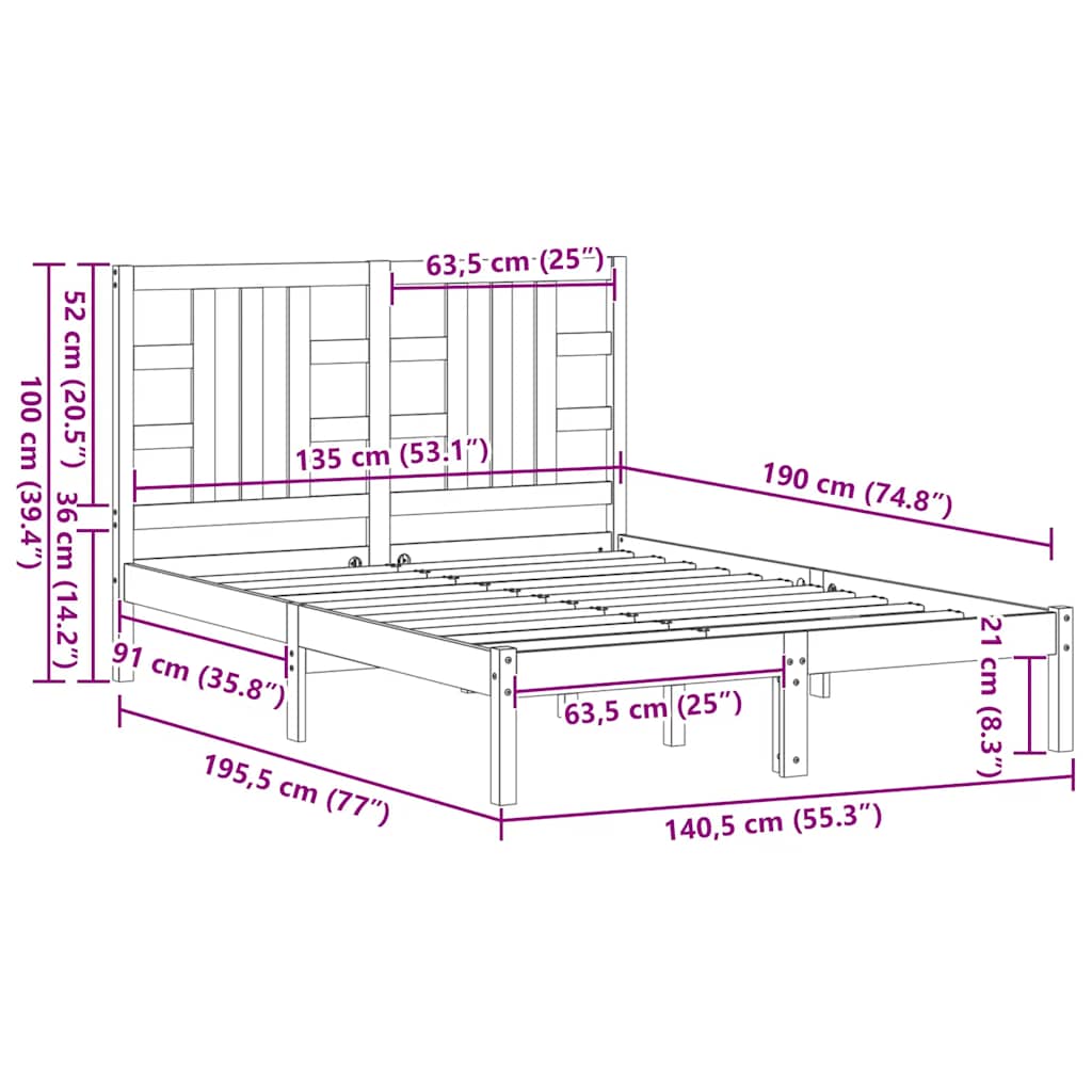 vidaXL Πλαίσιο Κρεβατιού 135 x 190 εκ. από Μασίφ Ξύλο Double