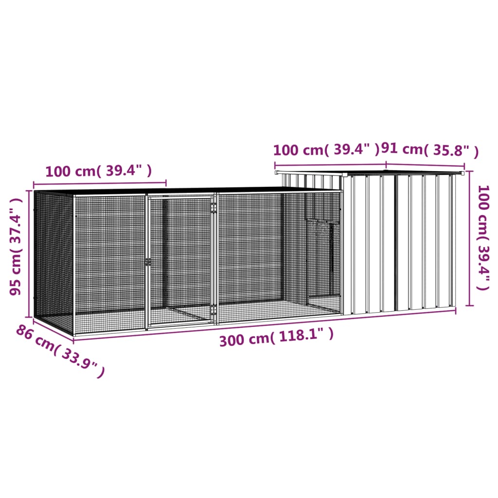 vidaXL Κοτέτσι - Κλουβί Γκρι 300x91x100 εκ. από Γαλβανισμένο Χάλυβα
