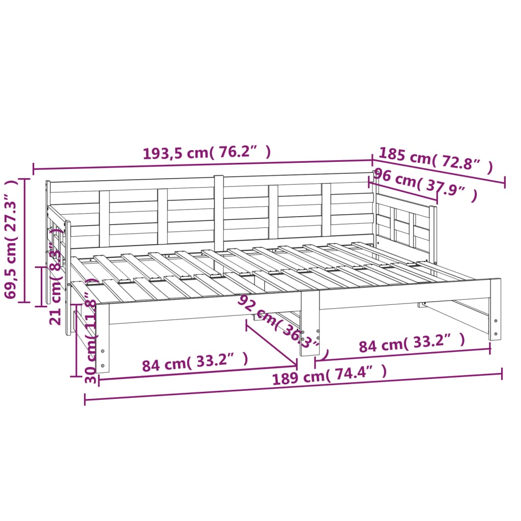vidaXL Καναπές Κρεβάτι Συρόμενος Μαύρος 2x(90x190) εκ. Μασίφ Πεύκο