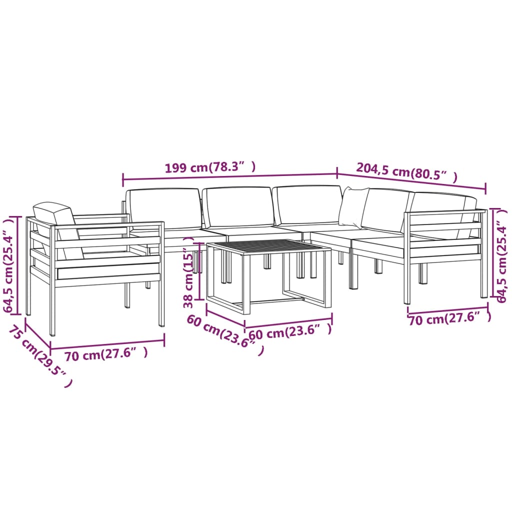 vidaXL Σαλόνι Κήπου 7 Τεμαχίων Ανθρακί Αλουμινίου με Μαξιλάρια