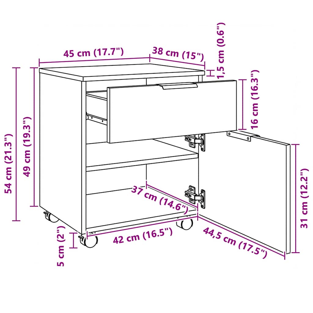 vidaXL Αρχειοθήκη Φορητή Sonoma Δρυς 45x38x54 εκ. Επεξ. Ξύλο με Ρόδες