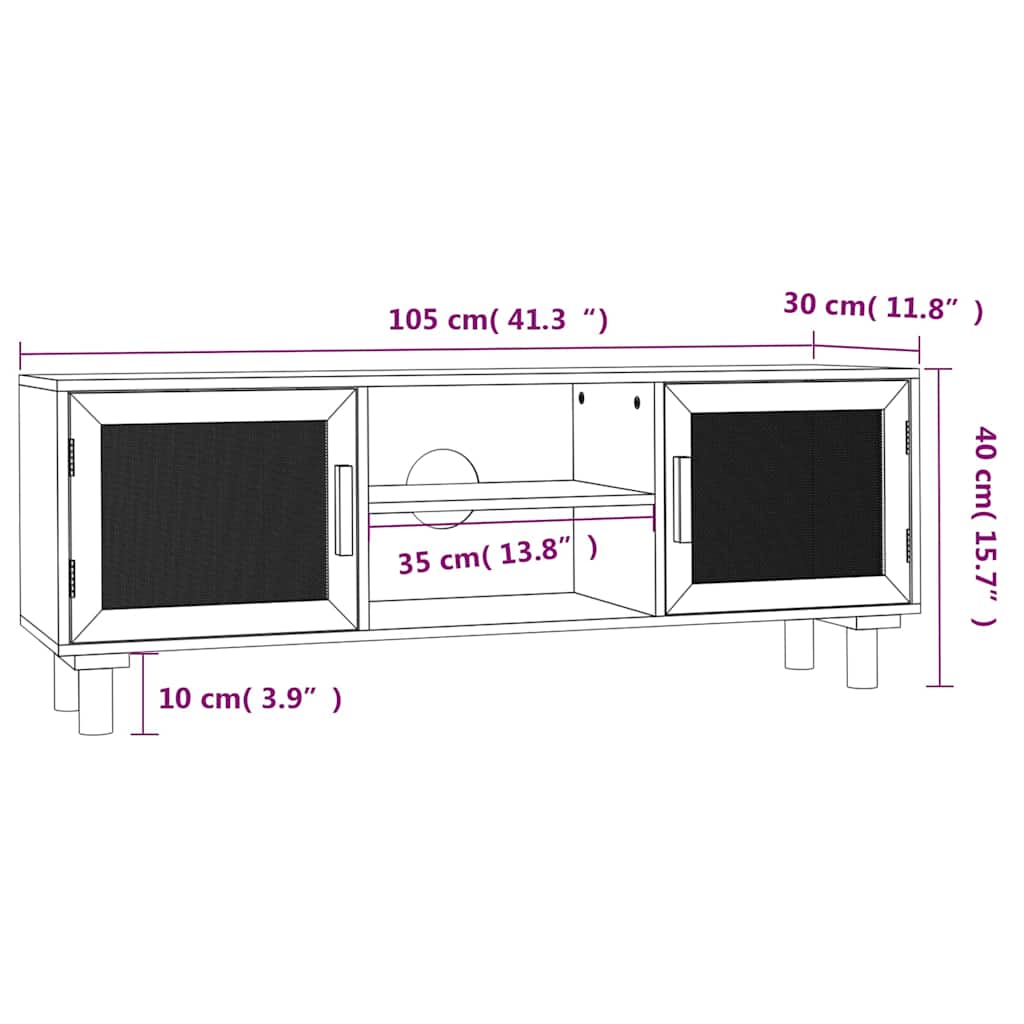 vidaXL Έπιπλο Τηλεόρασης Μαύρο 105x30x40 εκ Μασίφ Πεύκο & Φυσικό Ρατάν
