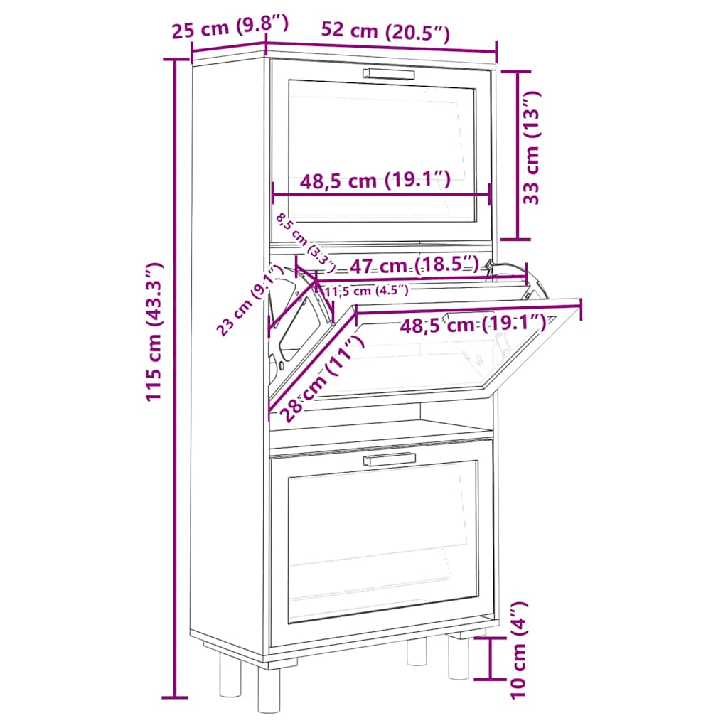 vidaXL Παπουτσοθήκη Μαύρη 52x25x115 εκ Επεξεργασμένο Ξύλο&Φυσικό Ρατάν
