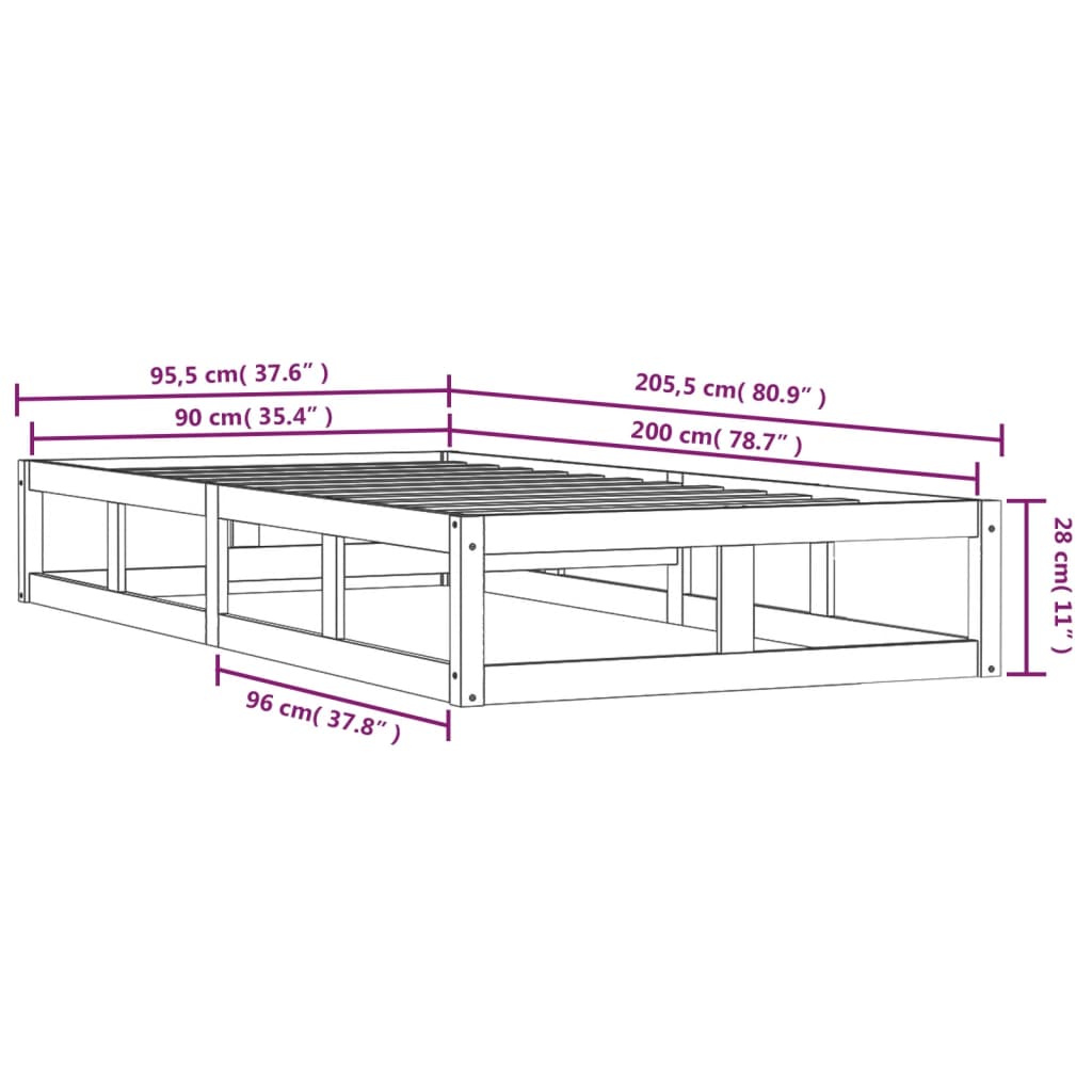 vidaXL Πλαίσιο Κρεβατιού 90 x 200 εκ. από Μασίφ Ξύλο