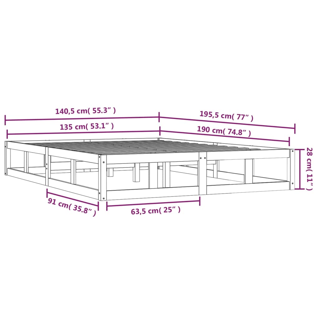 vidaXL Πλαίσιο Κρεβατιού 135 x 190 εκ. από Μασίφ Ξύλο Double