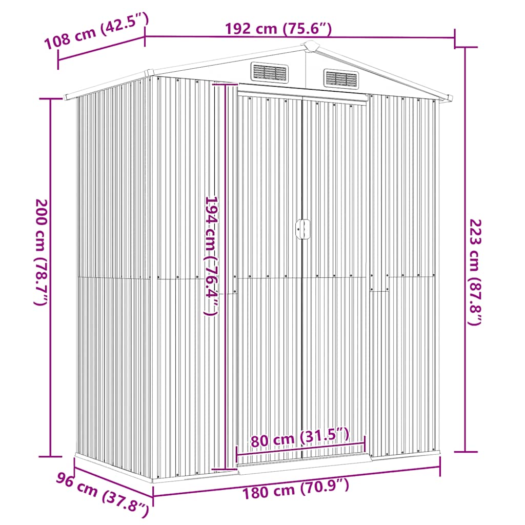 vidaXL Αποθήκη Κήπου Ανοιχτό γκρι 192x108x223 εκ. Γαλβανισμένο Ατσάλι