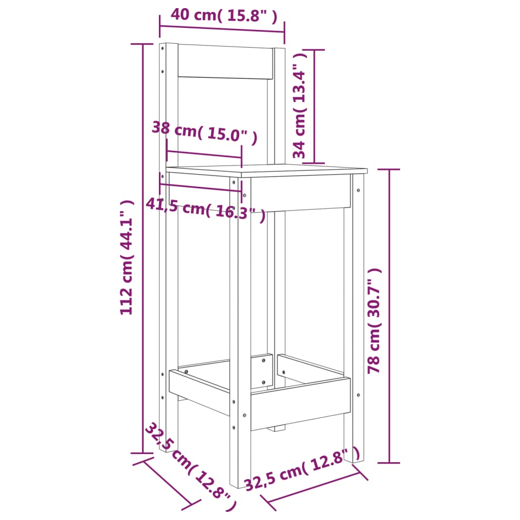 vidaXL Καρέκλες Μπαρ 2 τεμ. Μαύρο 40x41,5x112 εκ. Μασίφ Ξύλο Πεύκου