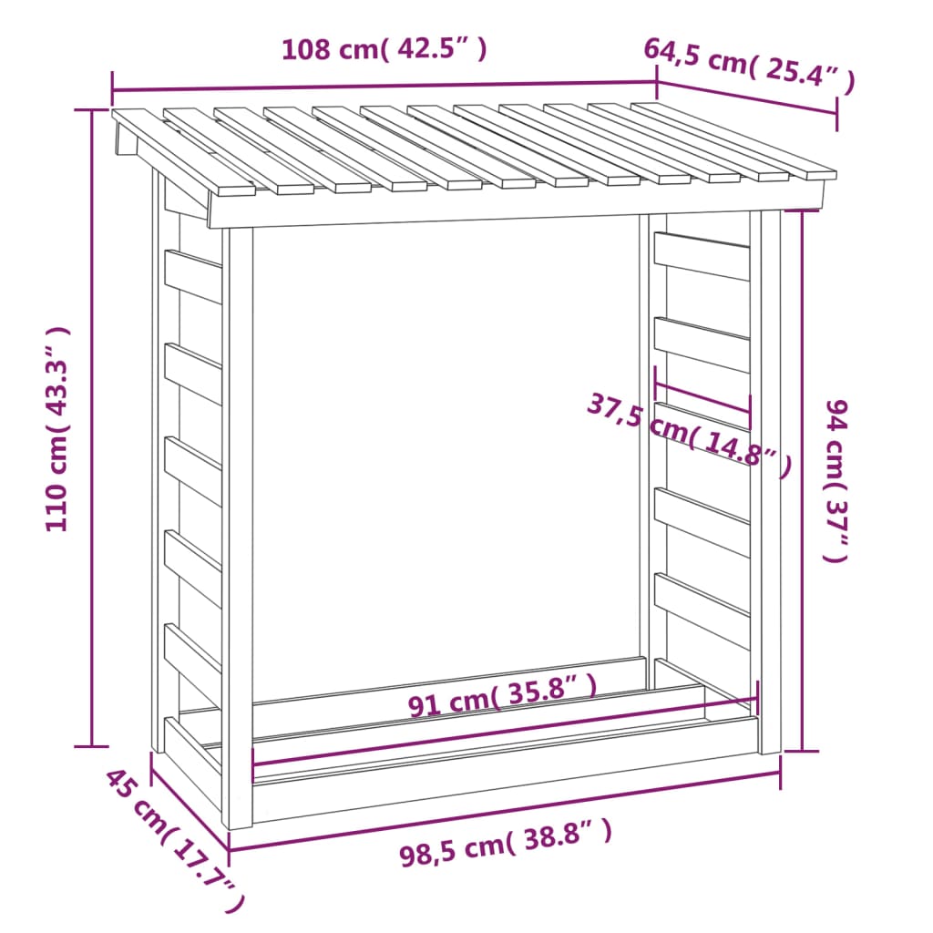 vidaXL Ραφιέρα Καυσόξυλων 108 x 64,5 x 110 εκ. από Μασίφ Ξύλο Πεύκου