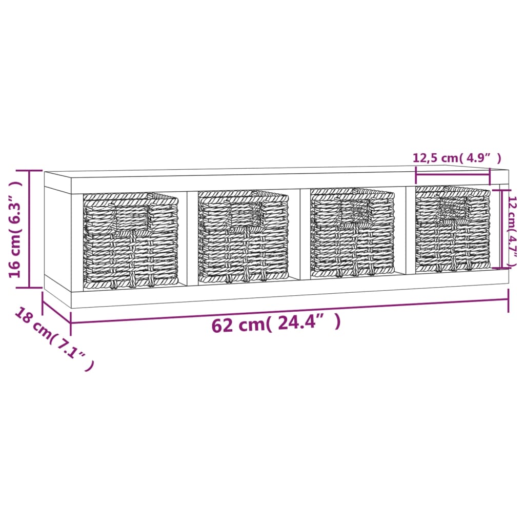 vidaXL Ράφι Τοίχου με Καλάθια 62 x 18 x 16 εκ. από Μασίφ Ξύλο Καρυδιάς