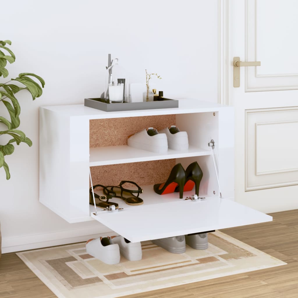 vidaXL Παπουτσοθήκη Επιτοίχια Γυαλ. Λευκό 70x35x38 εκ. Επεξ. Ξύλο