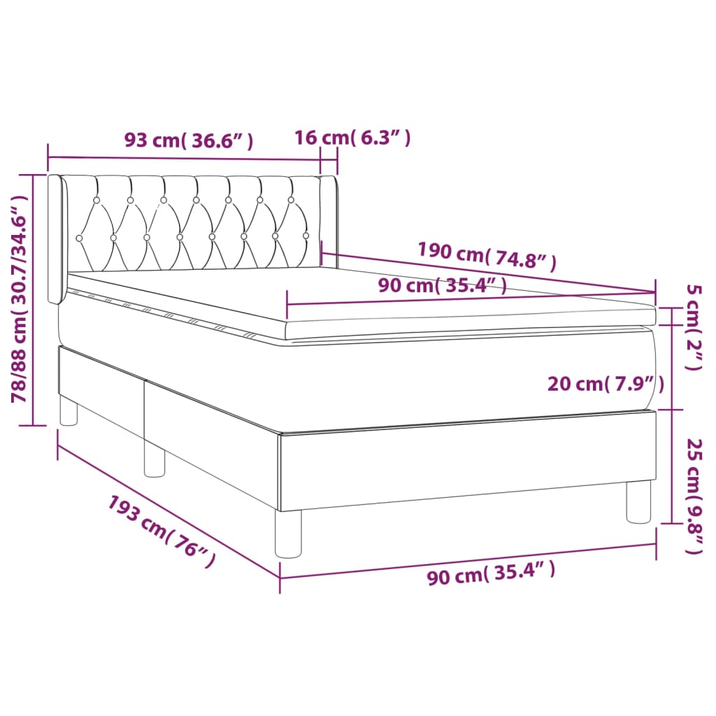 vidaXL Κρεβάτι Boxspring με Στρώμα Σκούρο Καφέ 90x190 εκ. Υφασμάτινο