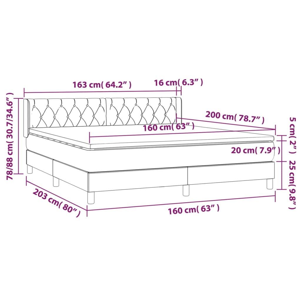 vidaXL Κρεβάτι Boxspring με Στρώμα Σκούρο Γκρι 160x200 εκ Υφασμάτινο